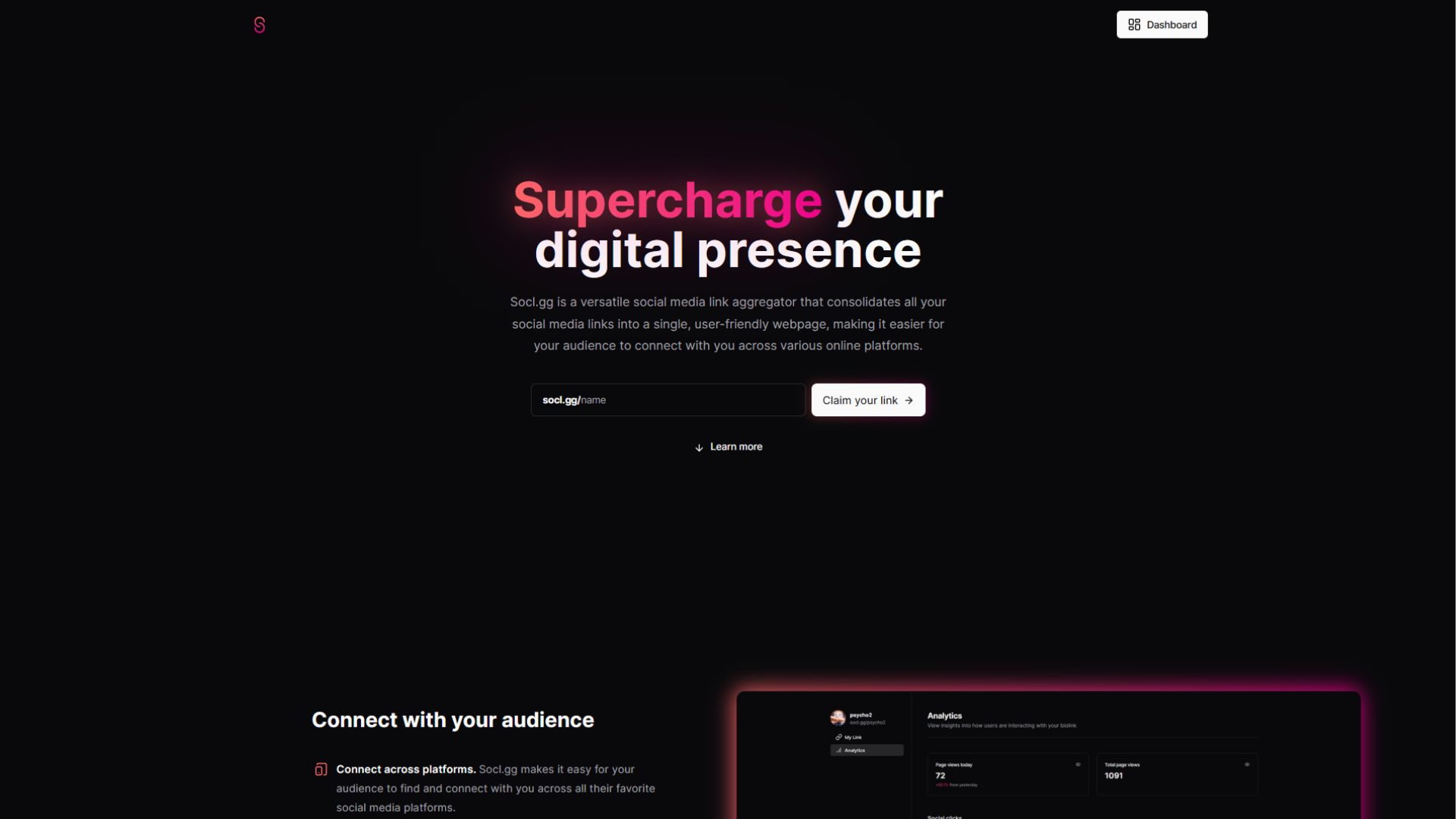 Socl.gg is a versatile social media link aggregator that consolidates all your social media links into a single, user-friendly webpage, making it easier for your audience to connect with you across various online platforms.